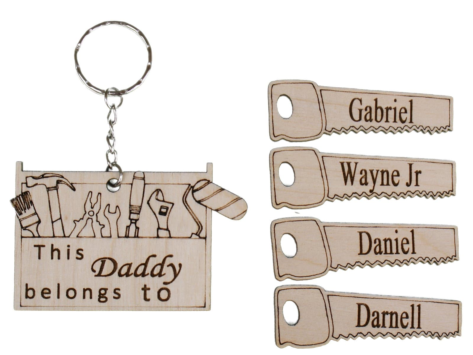 GPG Ltd PERSONALISED DADDY, GRANDAD, UNCLE TOOLBOX KEEPSAKE KEYRING WITH SINGLE HANDSAW NAME TAG (ADDITIONAL HANDSAW NAME TAGS CAN BE ADDED AS REQUIRED) (Toolbox & 4 Saws)