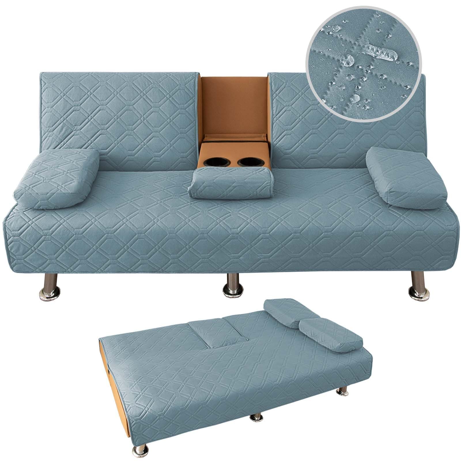 4 Pieces Click Clack Sofa Bed Cover 3 Seater, Quilted Convertible Folding Cover with 2 Removable Armrests and 1 Holders Covers (Haze Blue)