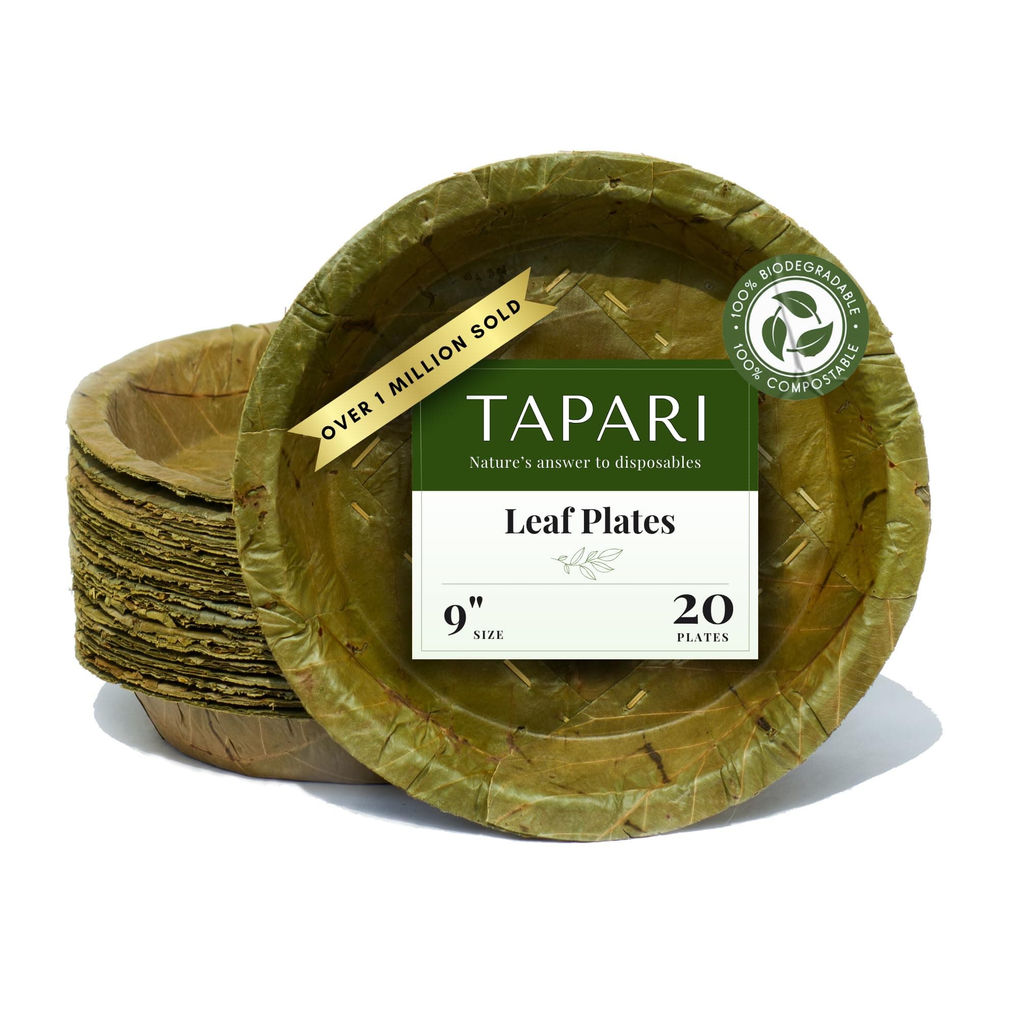 TAPARI Large Disposable Plates - 20 Pack - Large Leaf Plates 23cm Diameter - Strong & Eco-Friendly - 100% Compostable & Biodegradable Leaf Plates - Party Plates for Hot & Cold Food - Sal Leaf Plates