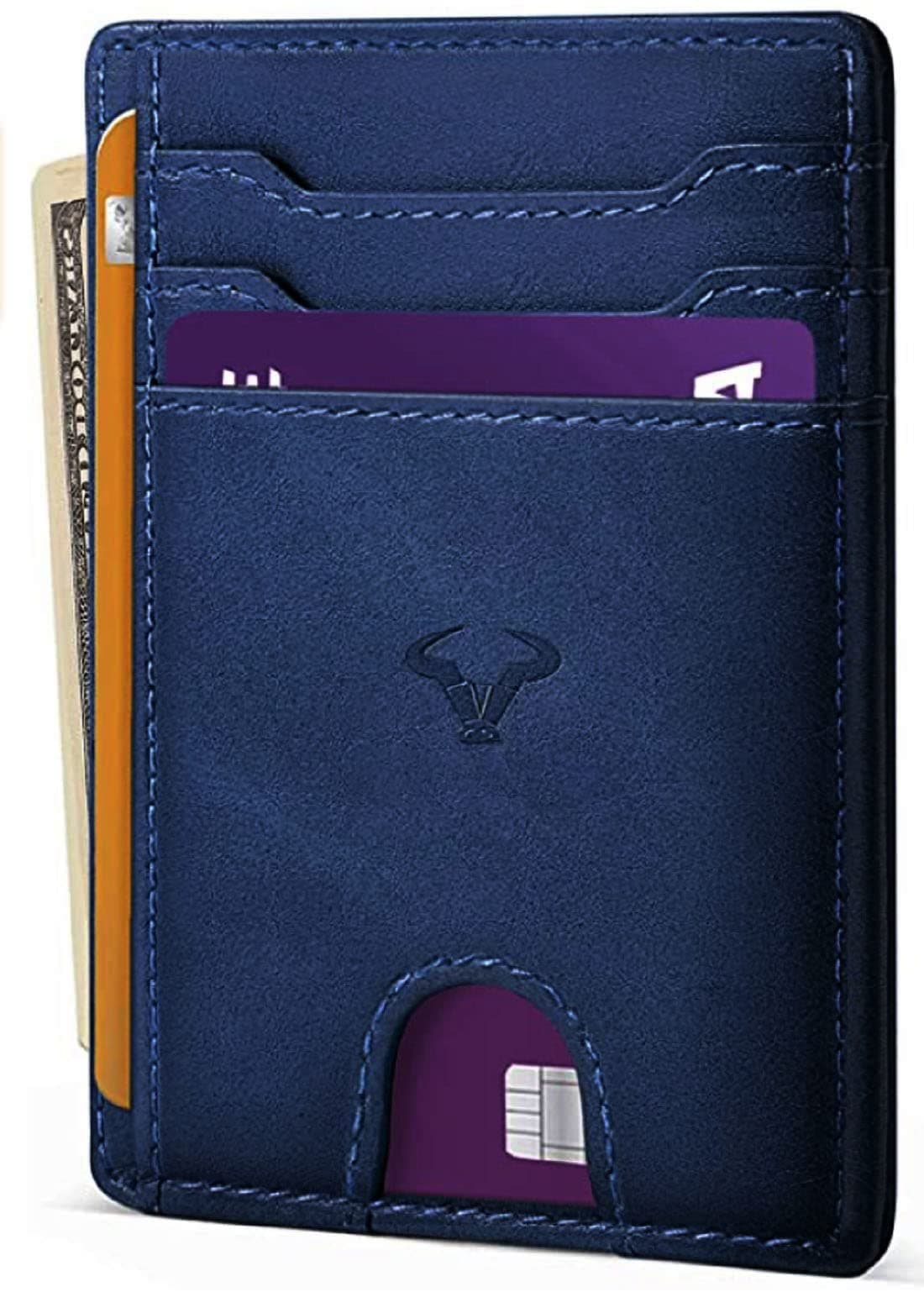 Genuine Leather Slim Wallet | RFID Blocking Skinny Minimal Thin Front Pocket Wallet Sleeve Card Holder for Men | Up to 7 Card Slots Including 1 ID Window (Blue)