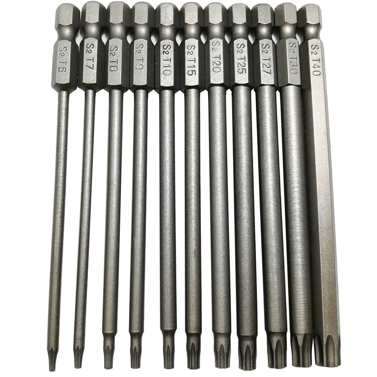 Long Torx Security Head Screwdriver Drill Set 1/4 Inch Hex Shank T6 T7 T8 T9 T10 T15 T20 T25 T27 T30 T40 11 Pieces 4 Inch Length S2 Steel Torx Screwdriver Bit Set (11pcs Torx Head 100mm)