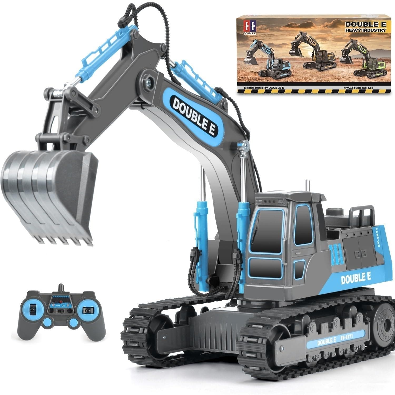Remote Control Excavator Toy 2 Batteries Digger Hydraulic Construction Vehicles RC Trucks Toys for Boys Girls Kids 3 4 5 6 7 8 9 10 Year, Gray Blue