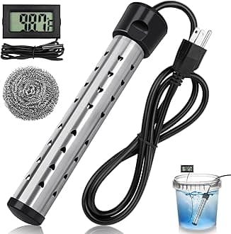 Immersion Water Heater, 2000W Electric Submersible Water Heater with 304 Stainless Steel Cover, Portable Bucket Heater with Digital LCD Thermometer, Fast Heats 5 Gallons of Water in Minutes