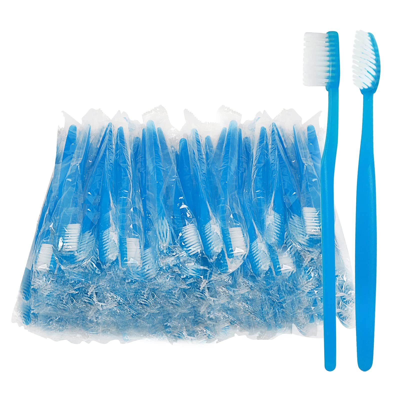 Blue Handle Toothbrushes Individually Wrapped, Multipack Disposable Toothbrushes for Hotel, Travel (100)