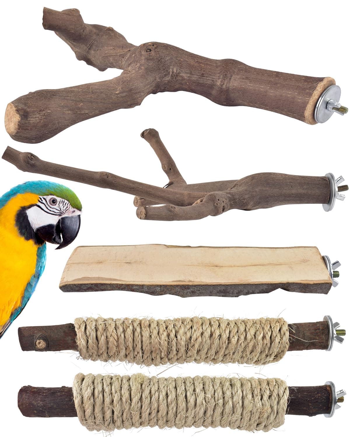 5PCS Large Bird Perch Stand, Natural Wood Pole Standing Paw Grinding Fork Parrot Cage Branch with Rope for Macaw African Grey Amazon Pet Medium Large Birds Cage Accessories