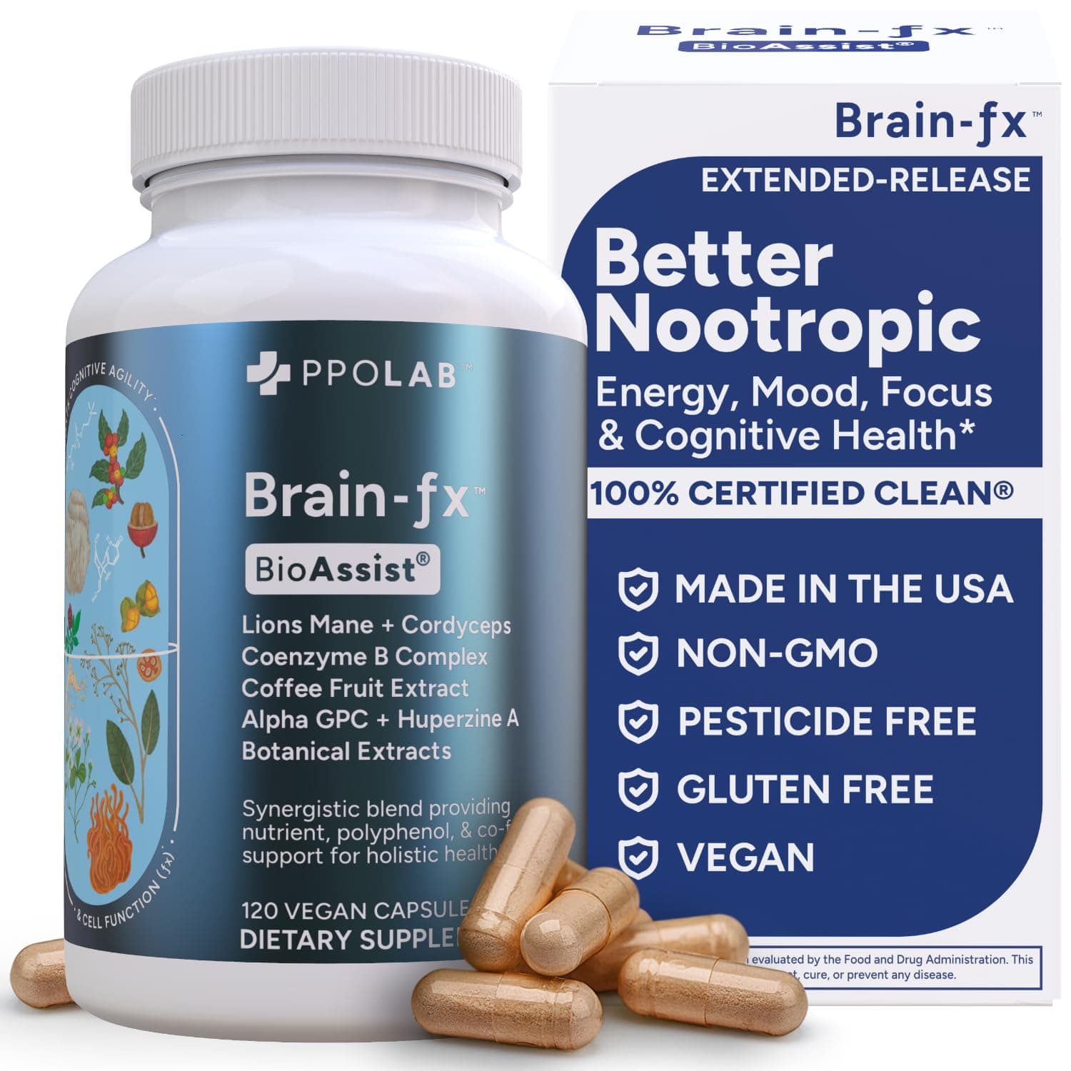 PPO Lab® Brain-fx™ Extended-Release Vitamins for Brain Health, Supplement for Memory and Focus with Nootropics, BDNF Factor, Methylated B Complex, L-Theanine, Lions Mane, Alpha GPC - 120 Capsules
