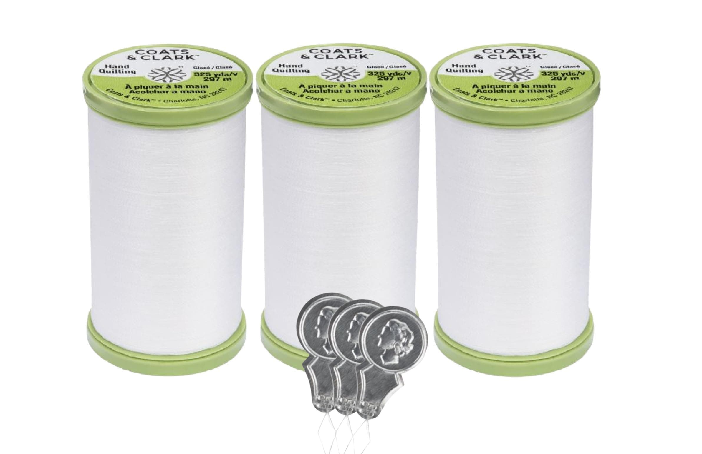 Coats & Clark Hand Quilting Sewing Thread Cotton Covered Polyester 325 Yards S960 3 Pack Bundle with 3 Bella's Crafts Needle Threaders (White)