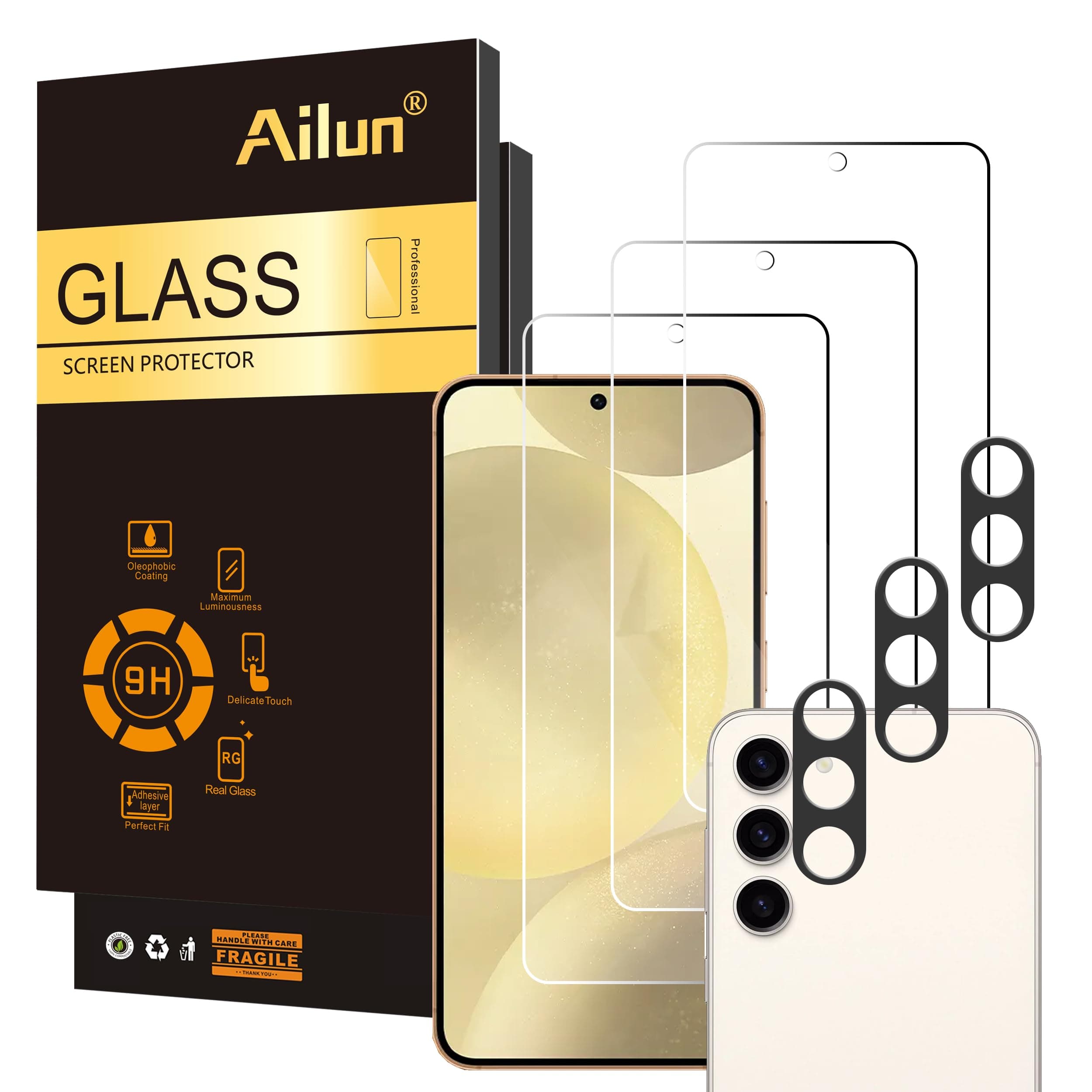 Ailun Glass Screen Protector for Galaxy S24 3 Pack + 3 Pack Camera Lens Tempered Glass Fingerprint Unlock Compatible 0.25mm Ultra Clear Anti-Scratch Case Friendly
