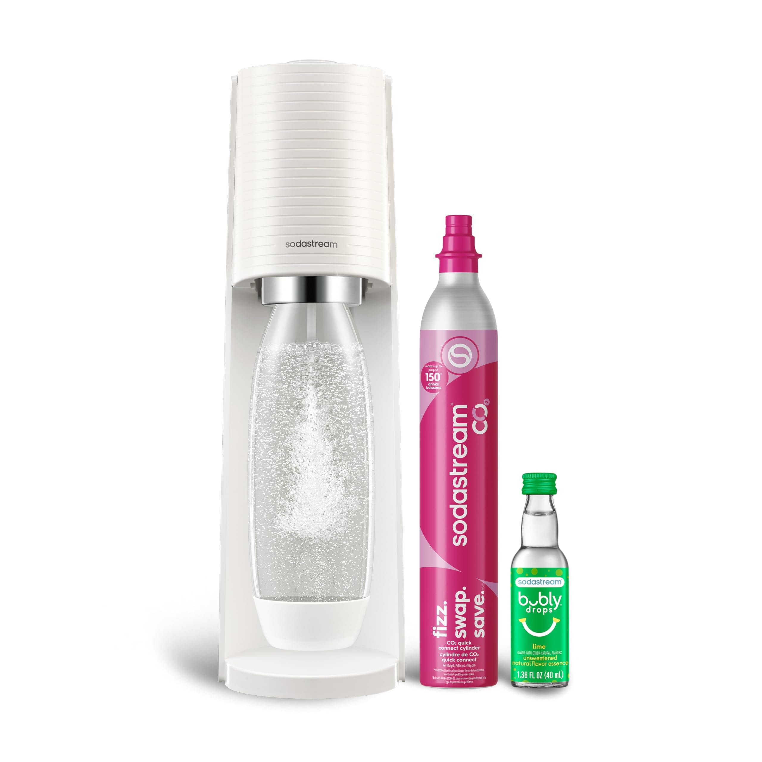 SodaStream Terra Sparkling Water Maker (White) with CO2, DWS Bottle and Bubly Drop