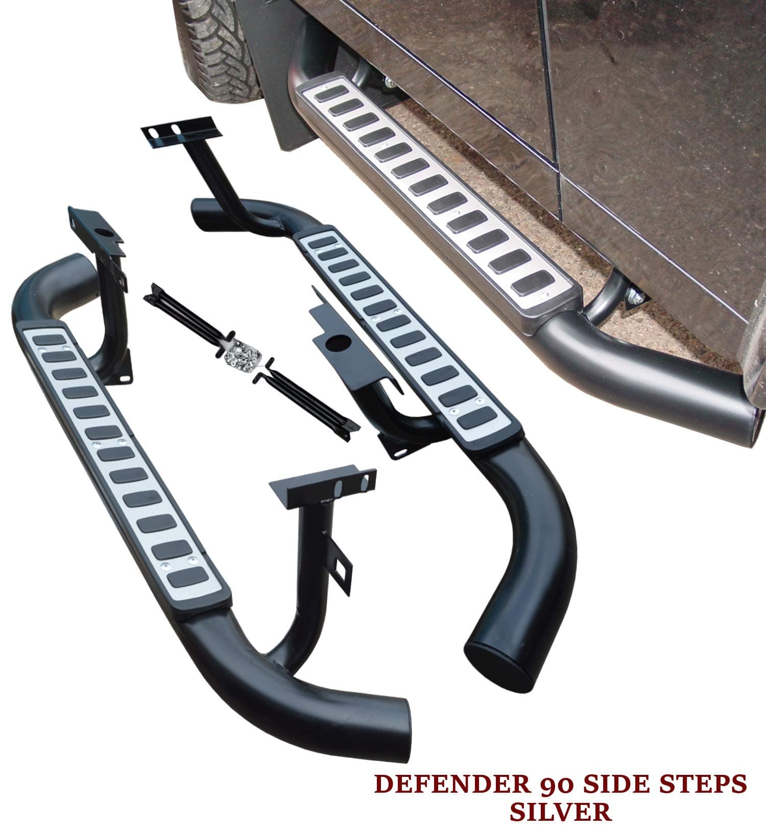 DEFENDER 90 SIDE STEPS RUNNING BOARDS OEM FIT SILVER & BLACK