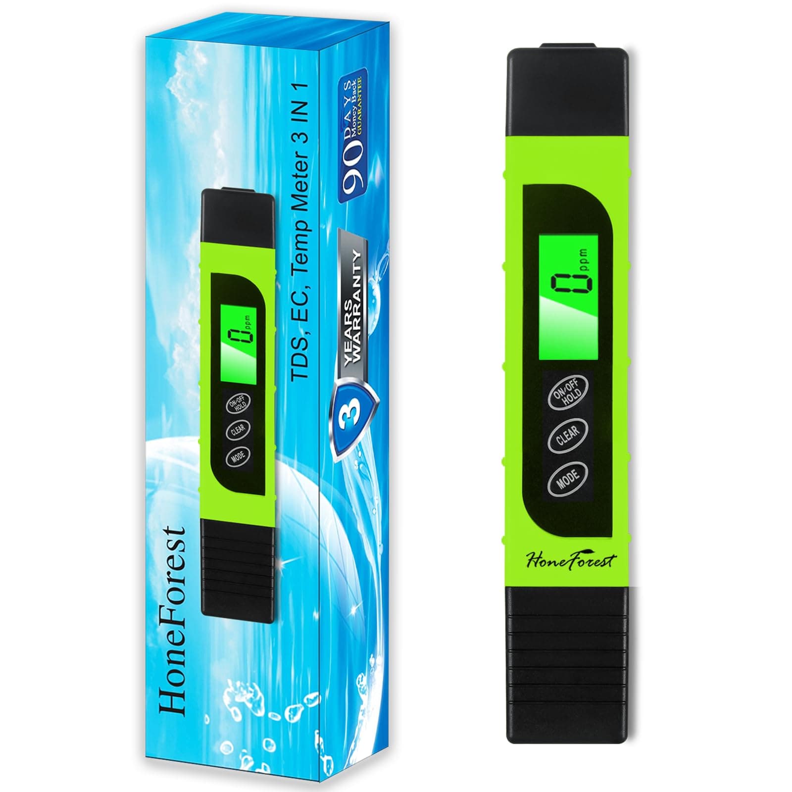 HoneForest Digital TDS Meter, Accurate and Reliable, TDS, EC & Temp Meter 3 in 1, 0-9990ppm, Ideal Water Tester PPM Meter(Green)