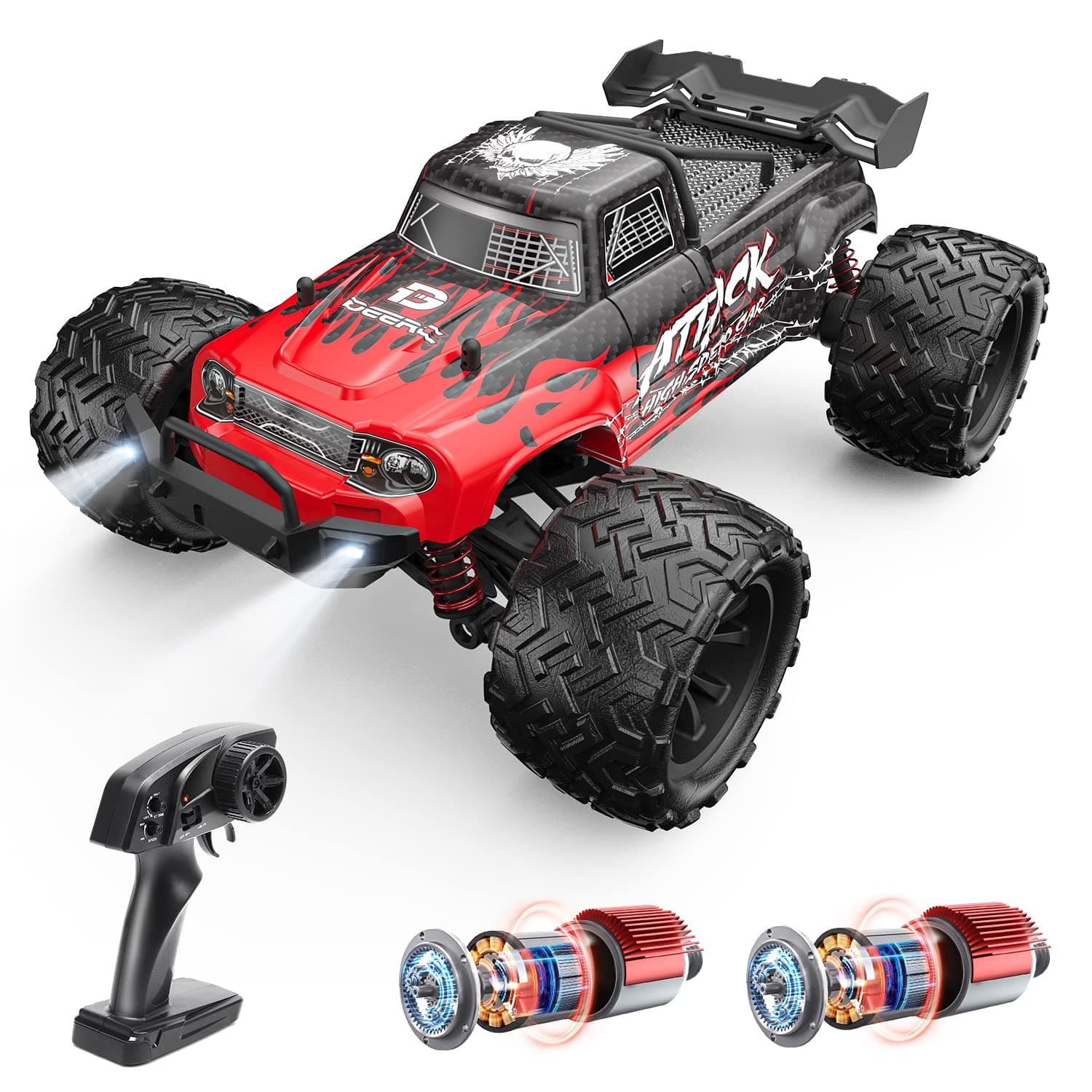 DEERC Remote Control Car Off-Road Double Motor 4WD High Speed 30km/h 1/16 Scale Electric RC Car RTR All-Terrain 2.4GHz Racing Anti-Vibration Present Gift for Kids and Adults Birthday Present for Boys