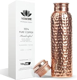 YOUONE 100% Copper Water Bottle Leak Proof for Dining (1 LTR) 1000 ml Bottle 1000 ml Bottle (Pack of 1, Copper, Copper) (Hammered)