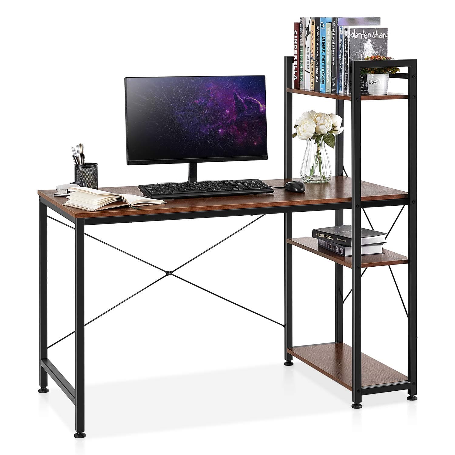 Home Office Desk with 4 Tier Bookshelf Tall, Computer Writing Desk with Rack Storage, Study Desk with Sturdy Metal Frame, Multipurpose PC Wood Workstation, 47 x 23 x 28 inch, Brown