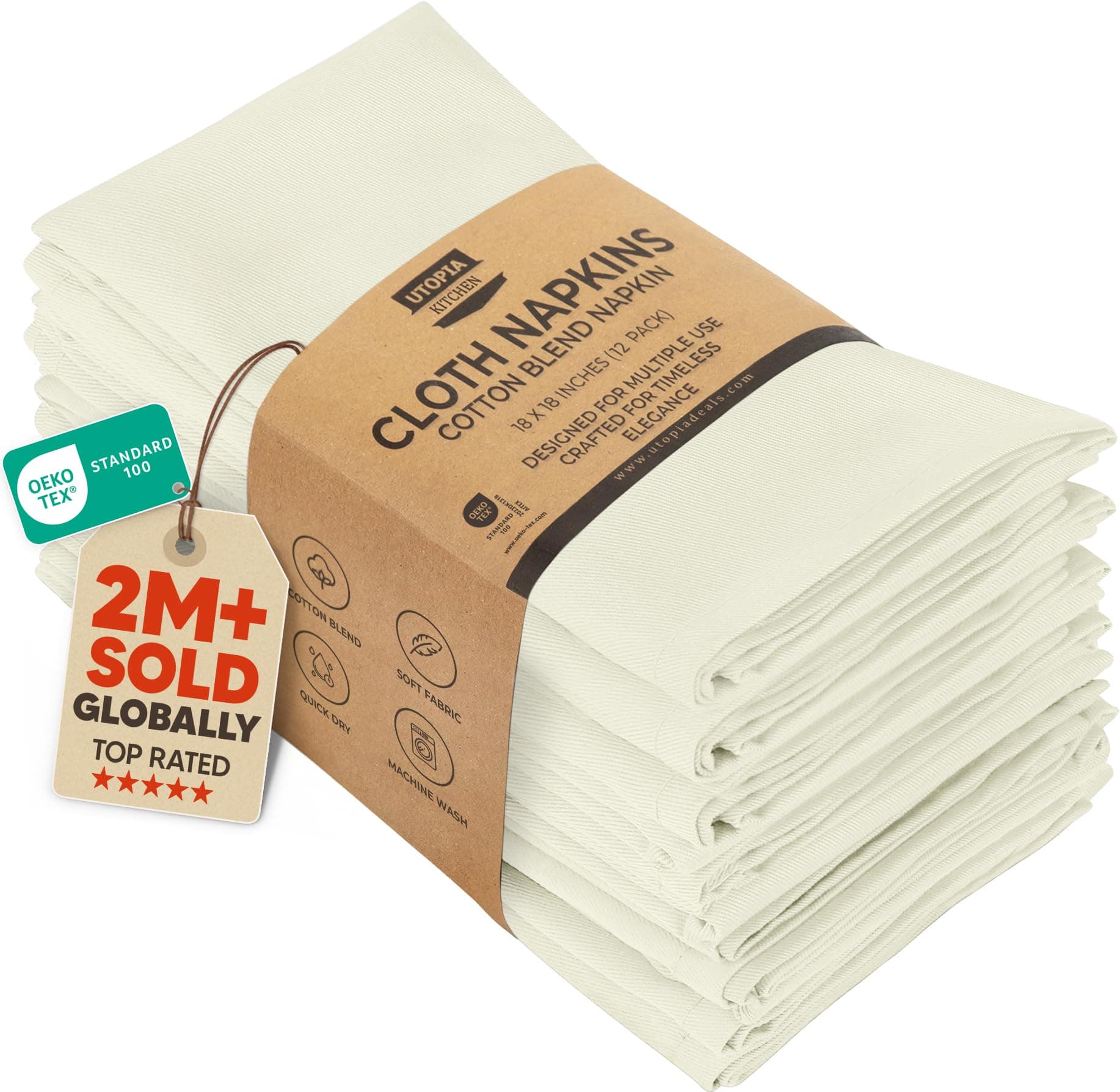 Utopia Kitchen Cloth Napkins [12 Pack] Cotton Blend Washable and Reusable Table Dinner Napkins for Hotel, Lunch, Restaurant, Weddings, Event and Parties (46 x 46 cm, Ivory)