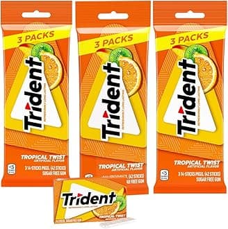 Trident Tropical Twist Sugar Free Gum, 9 Packs of 14 Pieces (42 Total Pieces)