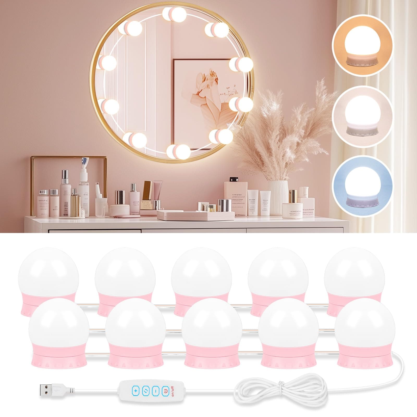 LED Vanity Lights For Mirror, Pink Vanity Light Stick on with 10 Dimmable Bulbs, 3000K 4000K 6500K & 10 Level Brightness Adjustable USB Cable Hollywood Mirror Lights for Makeup Dressing Room Bathroom