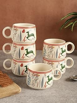Ceramic Matte Printed Tea Coffee Mug Set of 6 Studio PoteryDrinkware Microwave Safe Stoneware Cups for Home & Restaurant-180 ml-Cream Multi