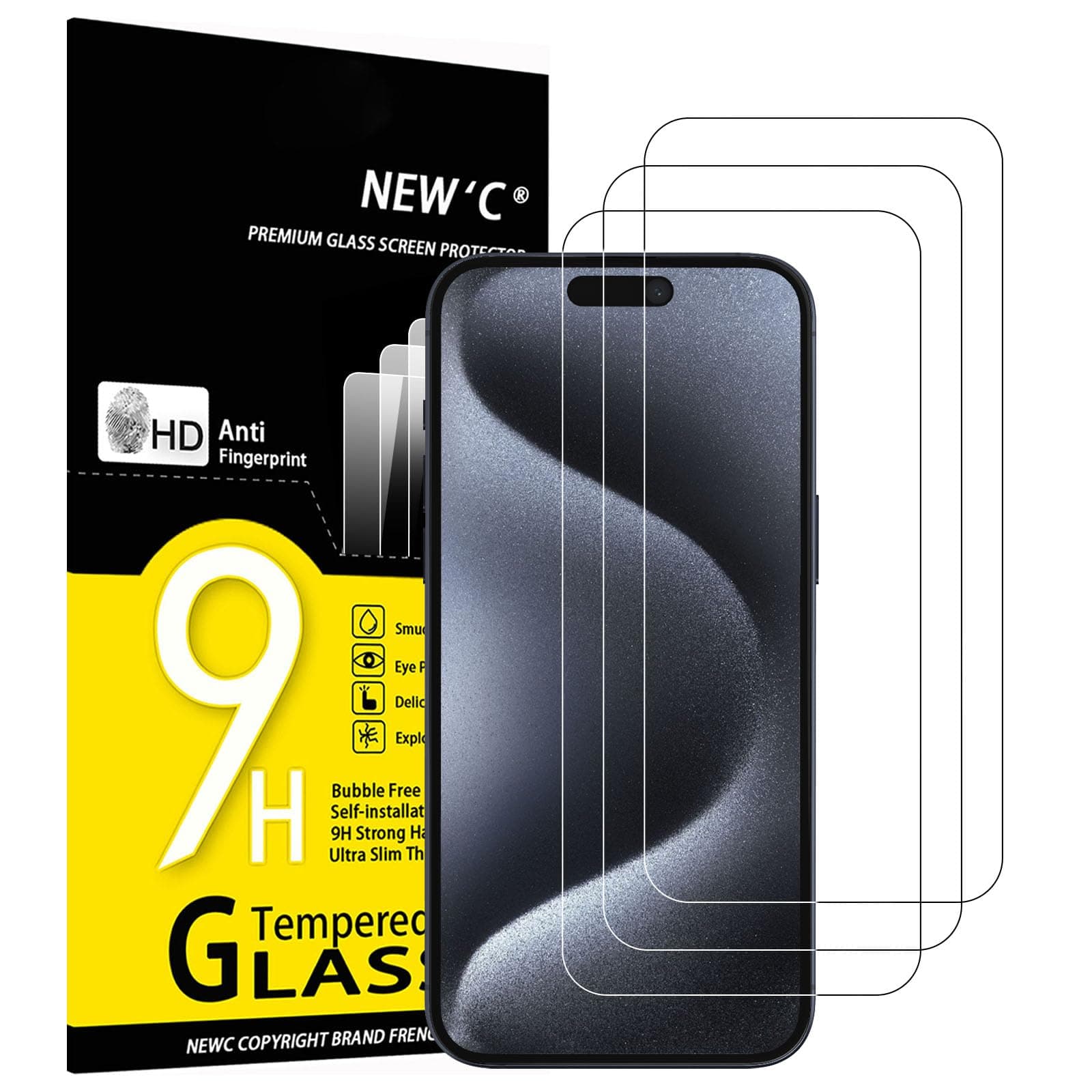 NEW'C Pack of 3, Tempered Glass Screen Protector for iPhone 16 Plus, iPhone 15 Pro Max, iPhone 15 Plus (6.7 Inches), Ultra Resistant Bubble-Free Screen Protector (0.33 mm HD Ultra Transparent) 9H