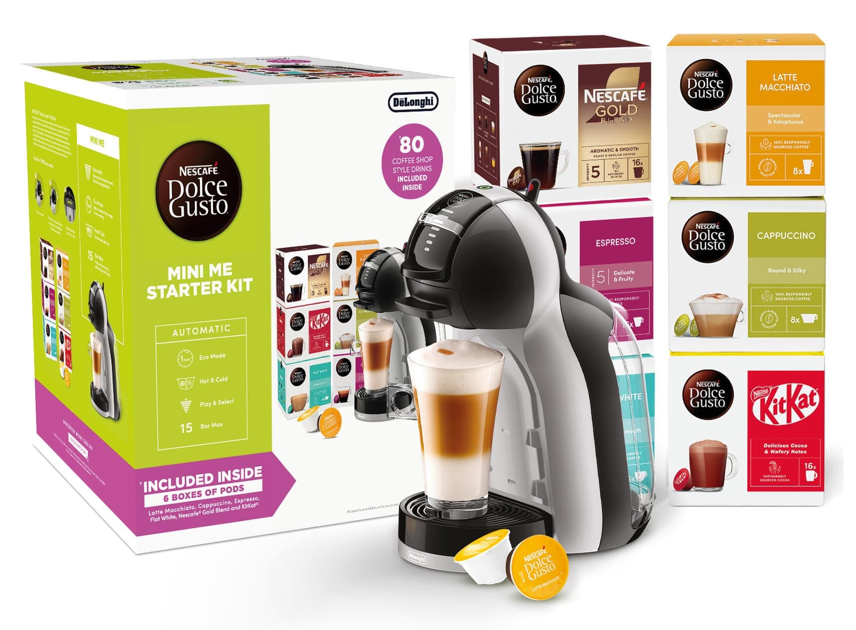 EDG155.BG Mini-Me Automatic Coffee Machine Black & Arctic Grey by De’Longhi - Starter Kit
