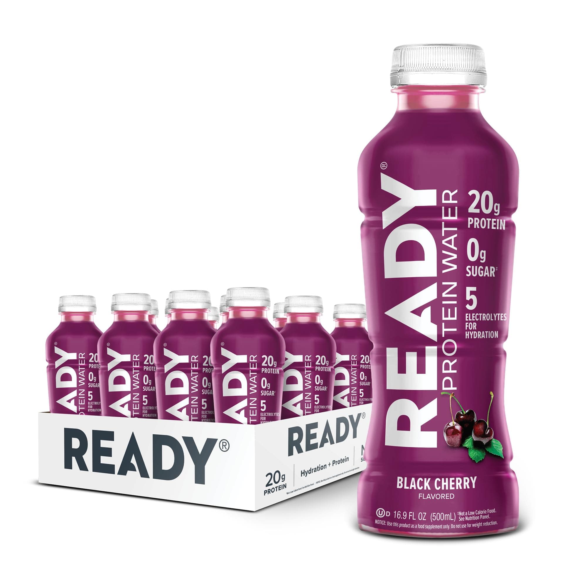 Ready® Clear Protein Water – 20g Whey Protein Isolate, Zero Sugar, Low-Calorie Sports Drink for Hydration & Recovery – Electrolytes, Essential Amino Acids – Black Cherry, 16.9 fl oz Bottles (12-Pack)