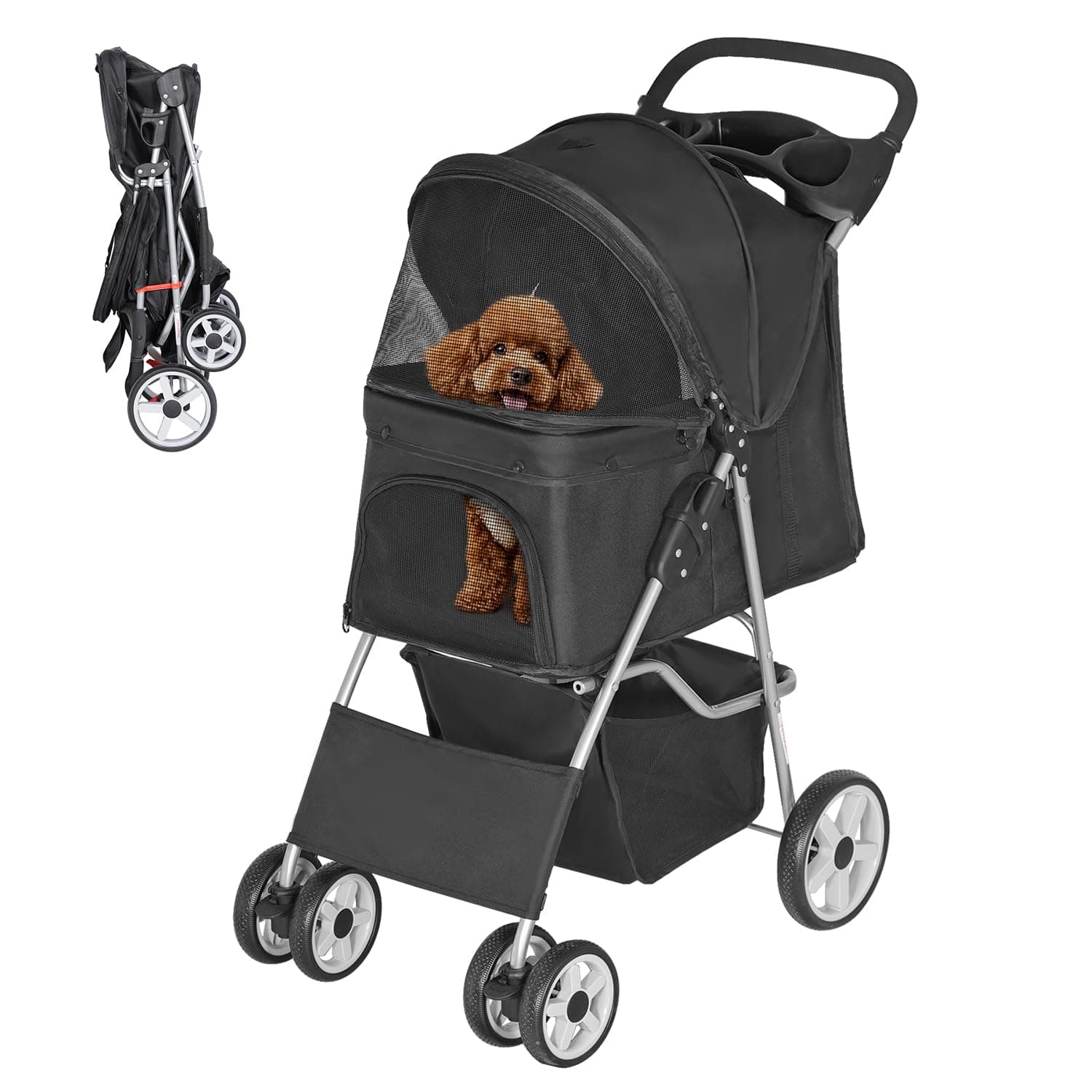 ZENY Foldable Pet Stroller, Cat/Dog Stroller with 4 Wheel, Pet Travel Carrier Strolling Cart with Storage Basket, Cup Holder (Black)
