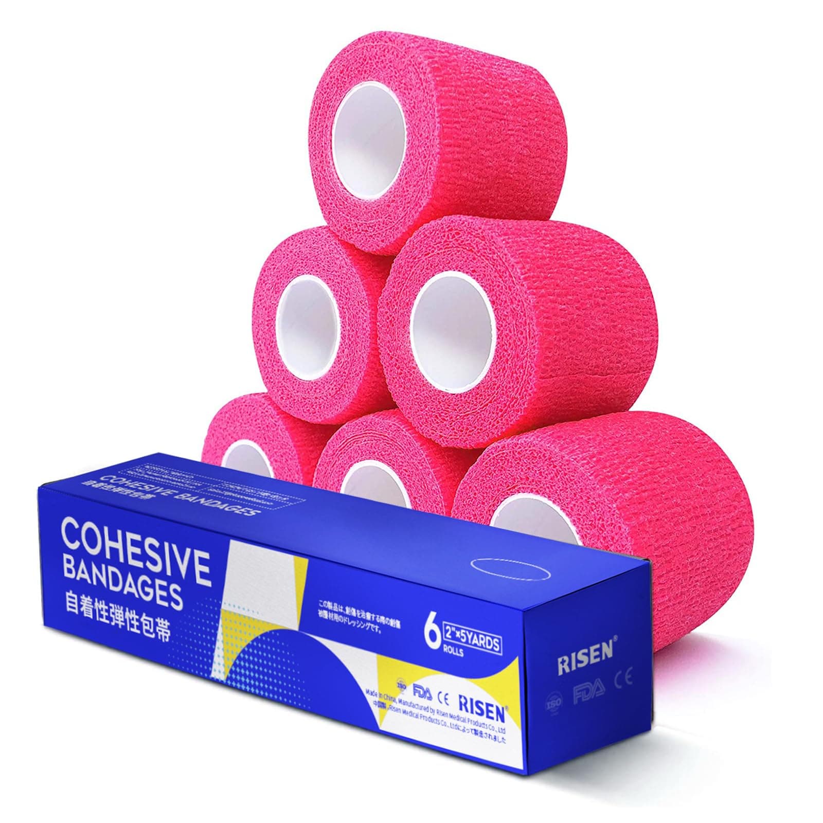 RISEN Cohesive Bandage 2” x 5 Yards, 6 Rolls, Self Adherent Wrap Medical Tape, Adhesive Flexible Breathable First Aid Gauze Ideal for Stretch Athletic