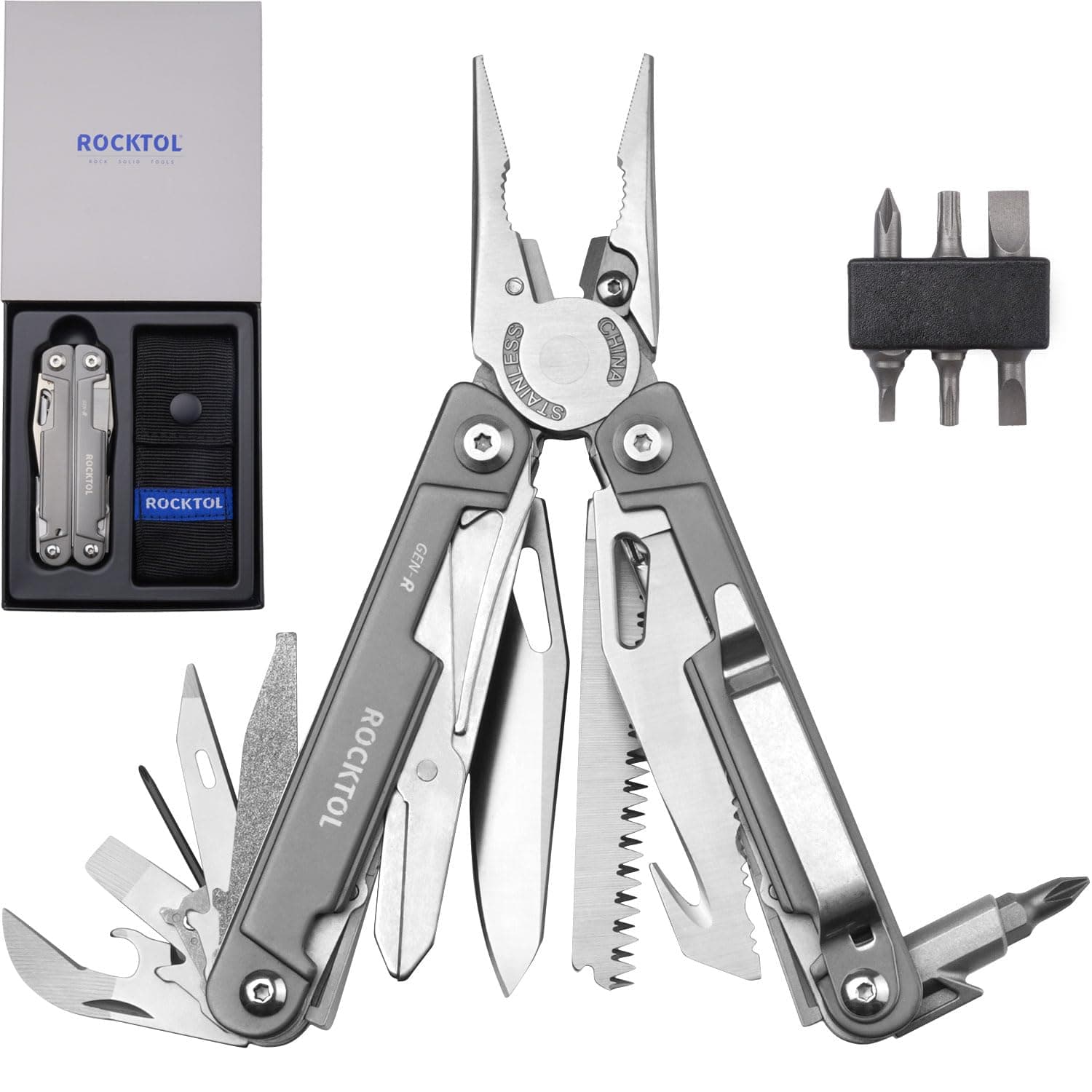 Multitool Pliers, EDC Multitool Pocket Knife VG10 Blade, 27-in-1 Multi-tool with Titanium-plated Handle, Precision Screwdriver, Gut Hook for Hunting, Backpacking, Hiking, Camping, (Gen-R)