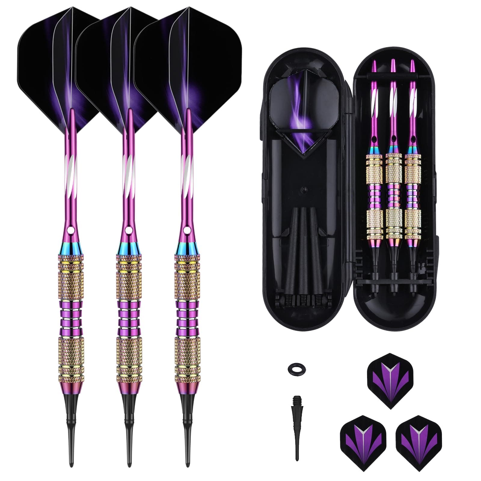 Soft tip Darts Set 18/20 Grams - Professional Darts Plastic Tip with Brass Barrel + Aluminum Shafts + 50 Rubber o-Ring + 6 Flights +50 Soft Tips for Electronic Dartboard