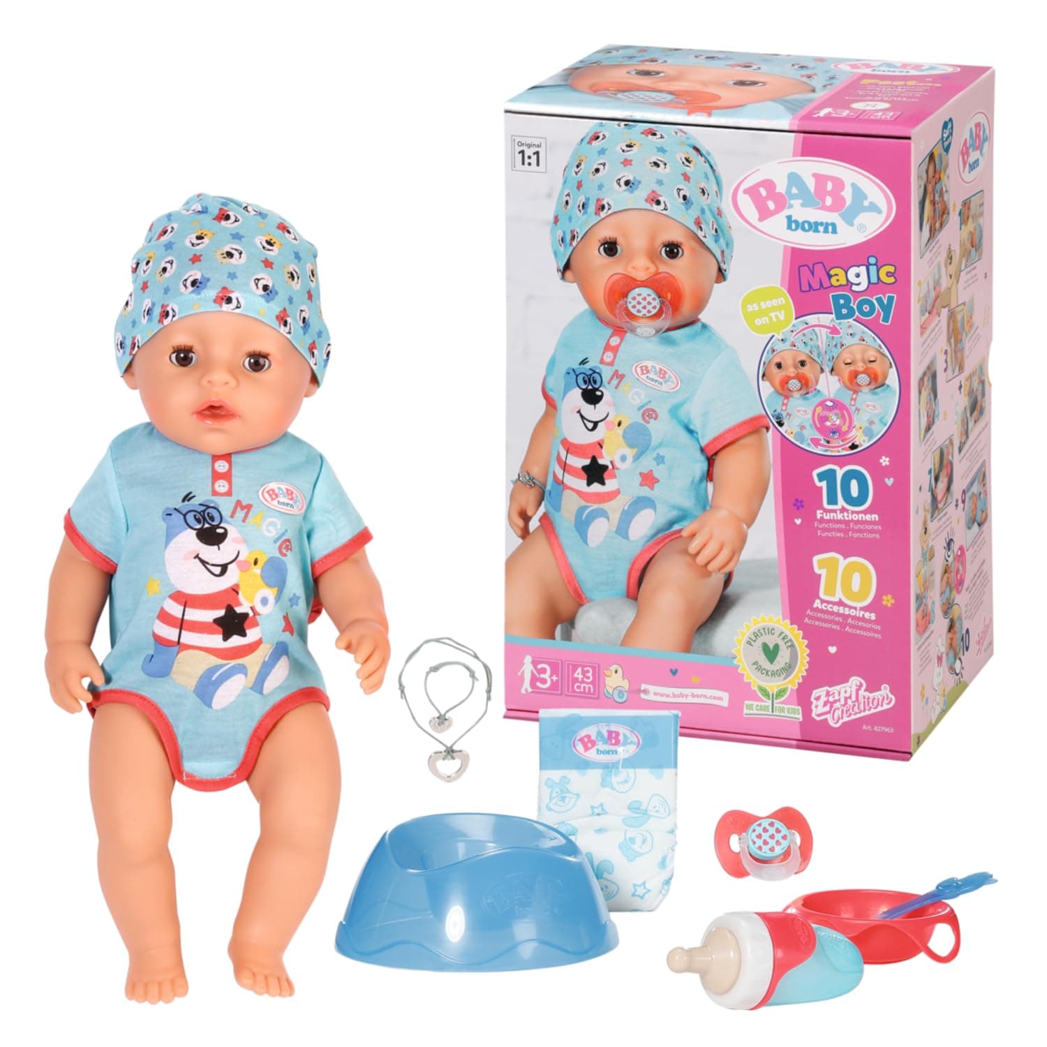 Soft Touch Boy 43cm With Magic Dummy - Realistic Doll With Lifelike Functions - Soft to the Touch, Flexible Body - Eats, Sleeps, Cries & Uses the Potty - 11 Accessories - Blue, 827963