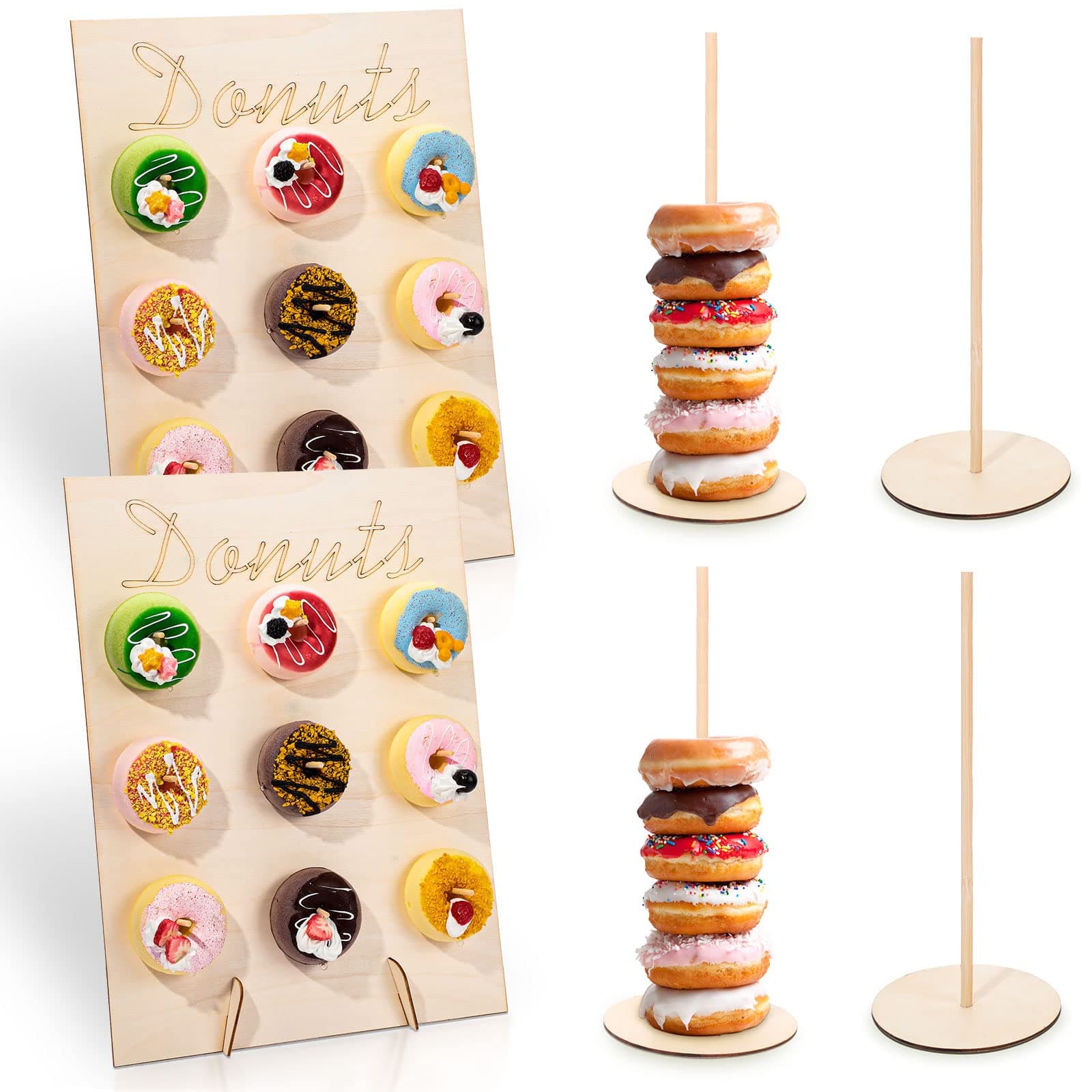 Yulejo 2 Pcs Donut Board Display Stand and 4 Pcs Donut Tower Stand Wooden Candy Dessert Table Wall Decorative Reusable Bagel Treat Holder for Baby Shower Wedding Birthday Party
