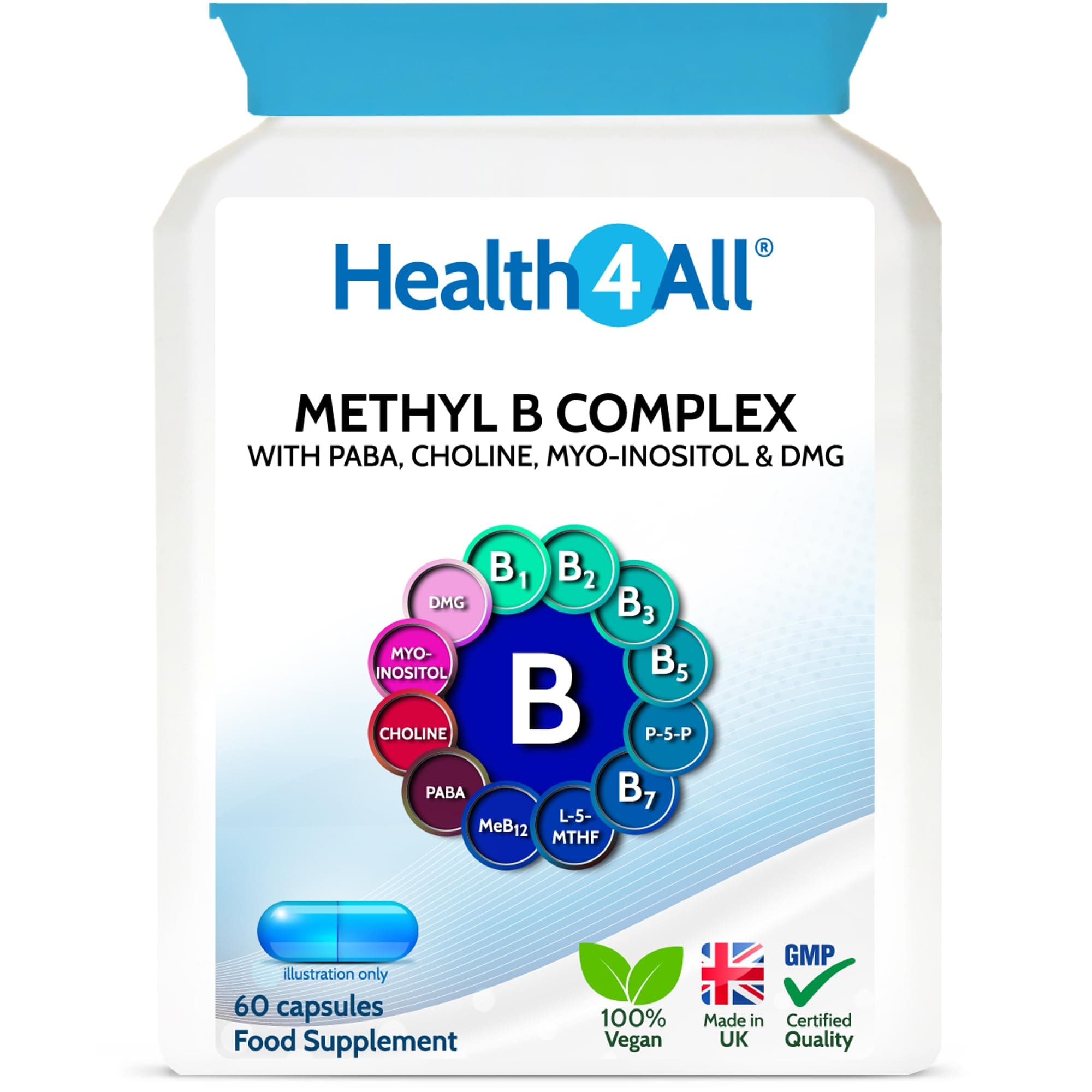 Methyl B-Complex, 60 Capsules with Methylcobalamin, Methyl Folate, DMG & PABA Supplement, Support Stress, Energy, Methylation, Aid Nervous & Physiological Function | Made in UK (not Tablet)
