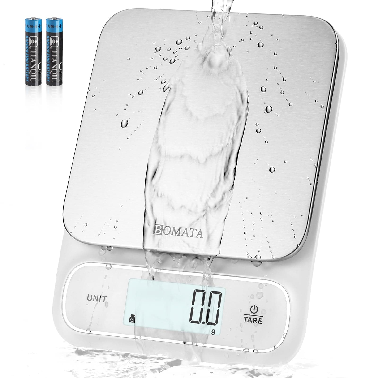 Waterproof IPX6 Kitchen Scale, 0.1g High Precision, Max 5kg, Washable, Stainless Steel Weighing Platform, Digital Scale for Food，Cooking, Weight Loss, etc.AAA White