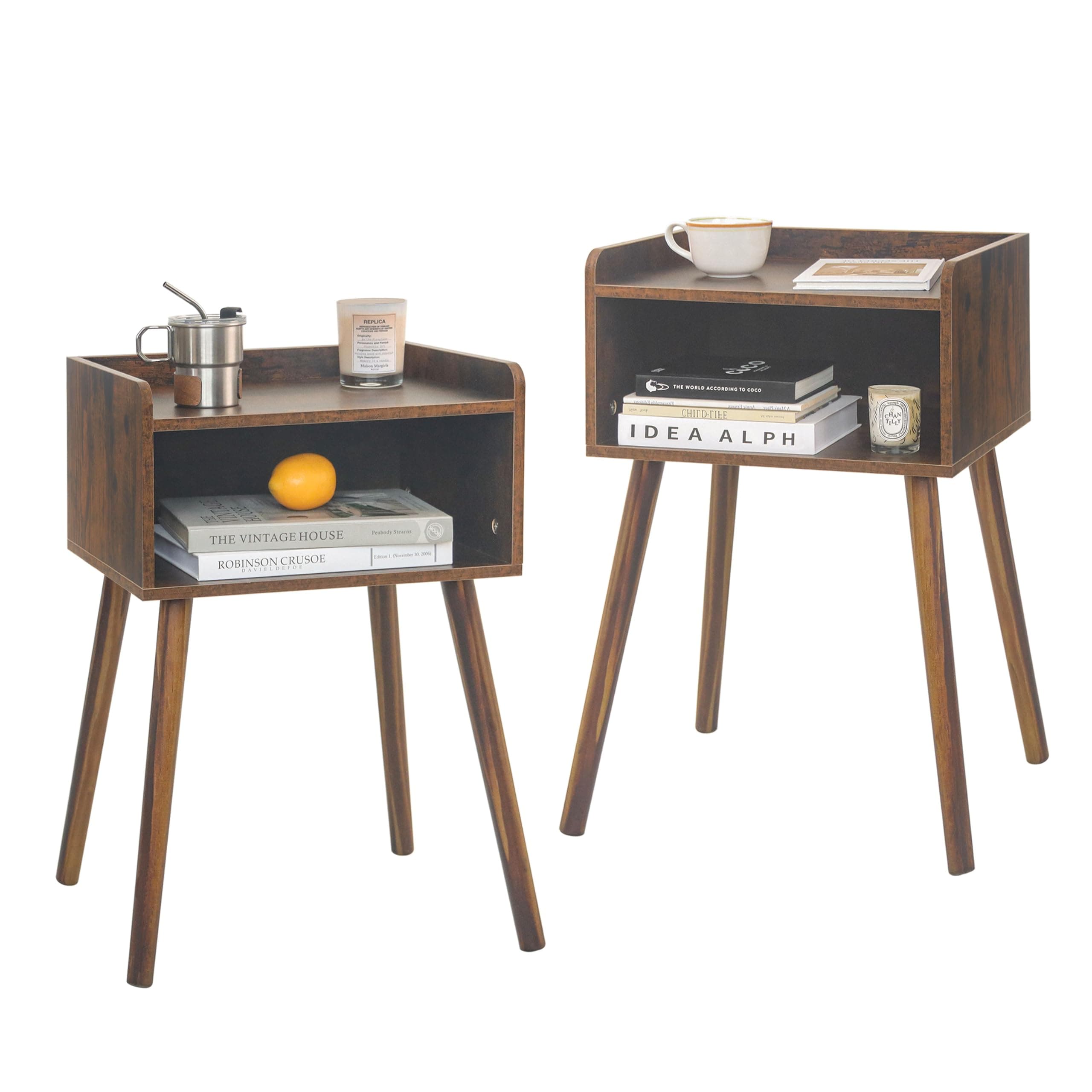 Night Stand Set 2, Mid Century Modern Side Table Bedroom with Storage, Small End Bedside Table Set of 2 with Solid Wood Legs for Living Room, Office Small Spaces (Rustic Brown)