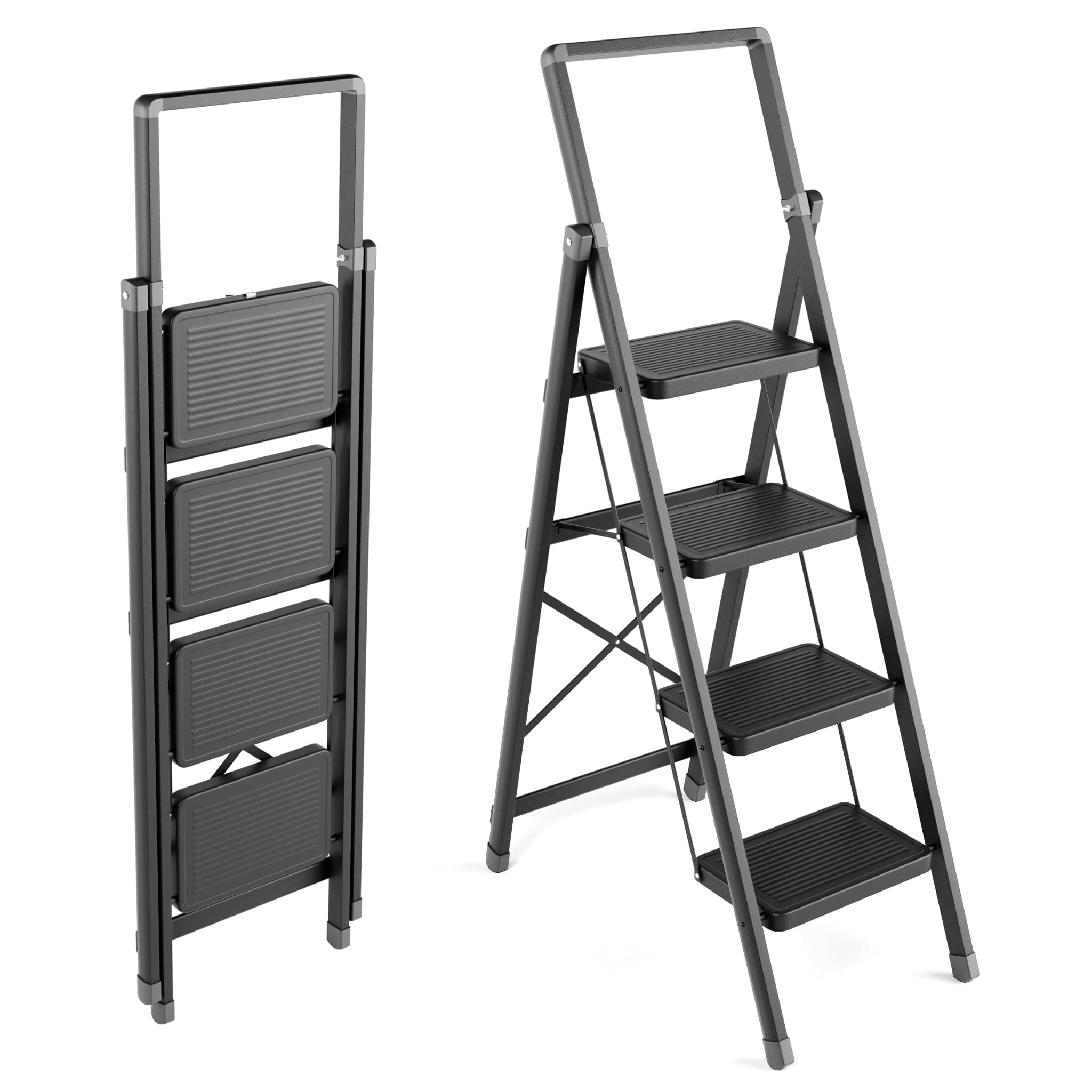 4 Step Ladder, Folding Step Stool with Wide Anti-Slip Pedal, Sturdy Steel Ladder, Convenient Handgrip, Lightweight, Portable Steel Step Stool(Black)