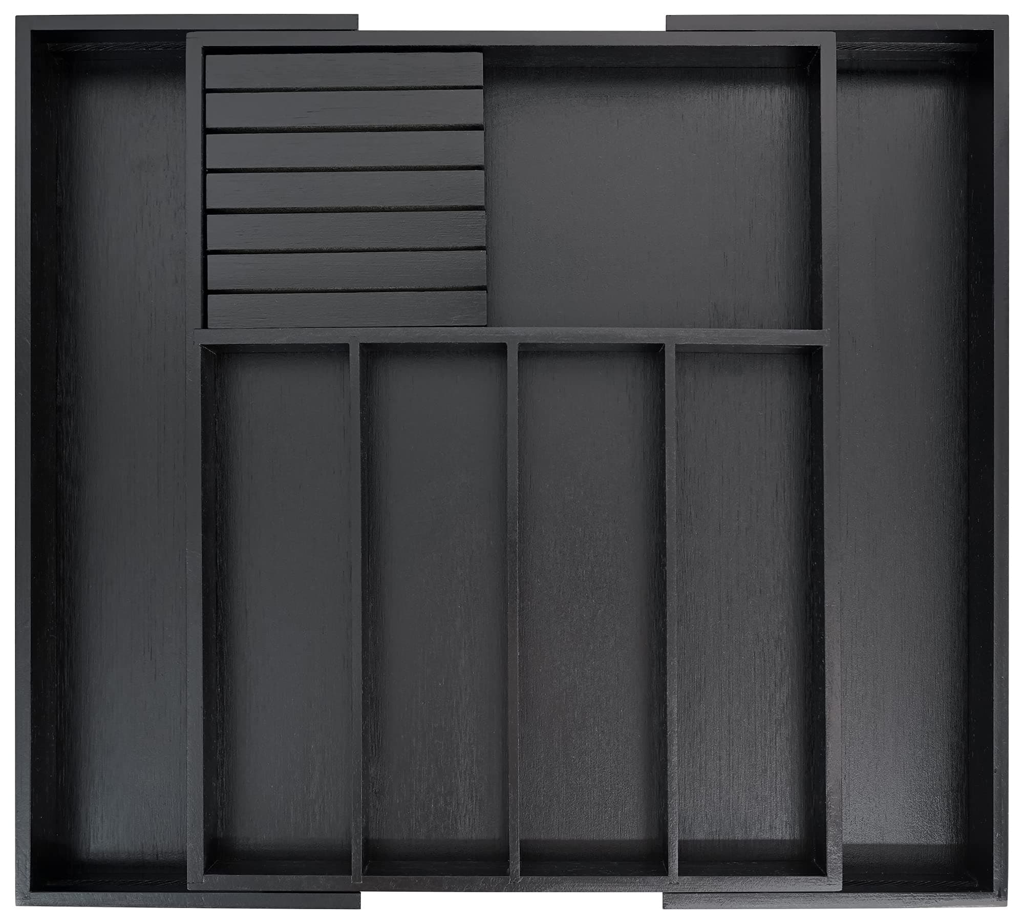 VaeFae Bamboo Silverware Drawer Organizer Kitchen, Expandable Utensil Organizer with Knife Block, Cutlery Tray with Divider, Multifunctional Drawer Organizer (Black)