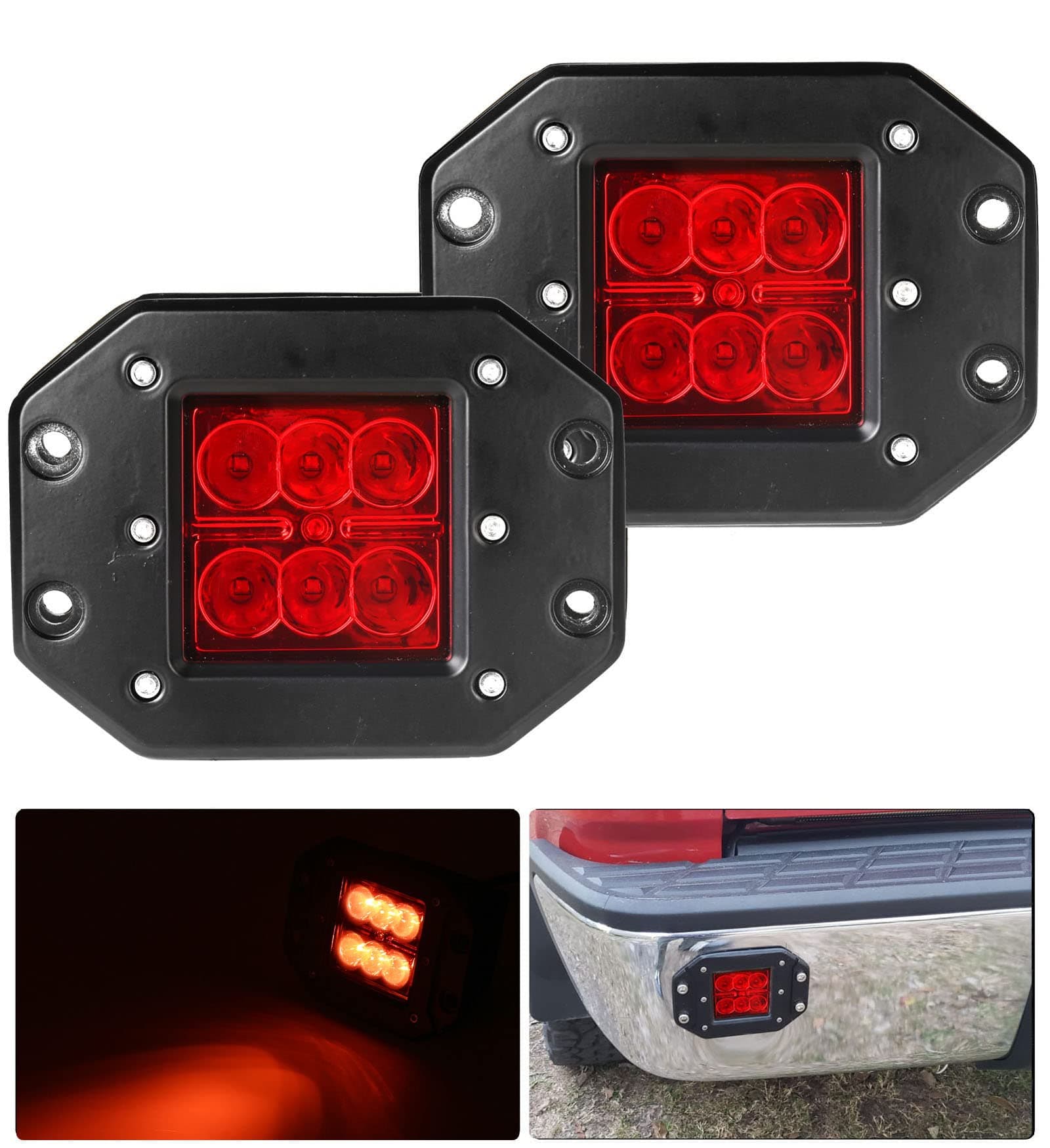 Athiry 18W Flush Mount LED Light Pods 2pcs Auxiliary Driving Backup Reverse Light Compatible with Jeep Tacoma 4x4 Truck Pick-up SUV ATV UTV(RED Lens)