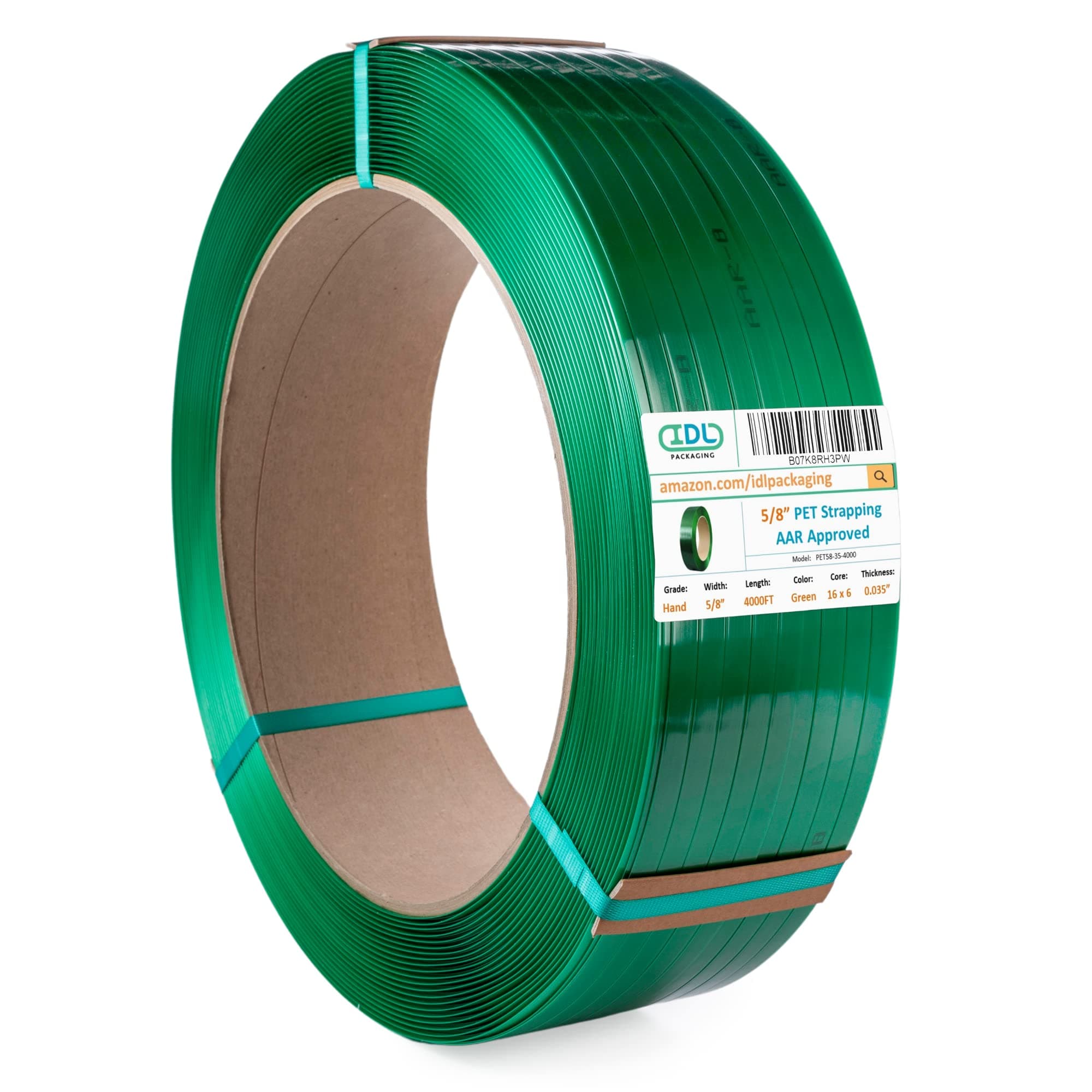 - IDL Packaging 5/8" x .035" x 4000' Polyester (PET) Strapping Roll of 16" x 6" Core Size, 1400 lbs Break Strength, Green - UV, Water, and Rust Resistance - Affordable and Lightweight Poly Strapping