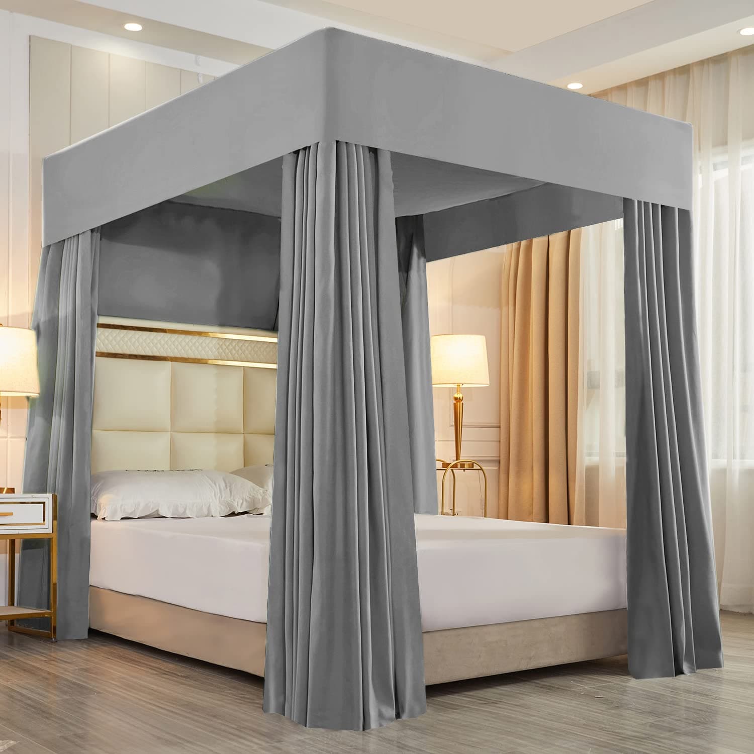 Mengersi Solid Four Corner Post Canopy Bed Curtains Sheer Cover Mosquito Net for Boys Kids Adults Bedroom Decoration (Queen, Gray)