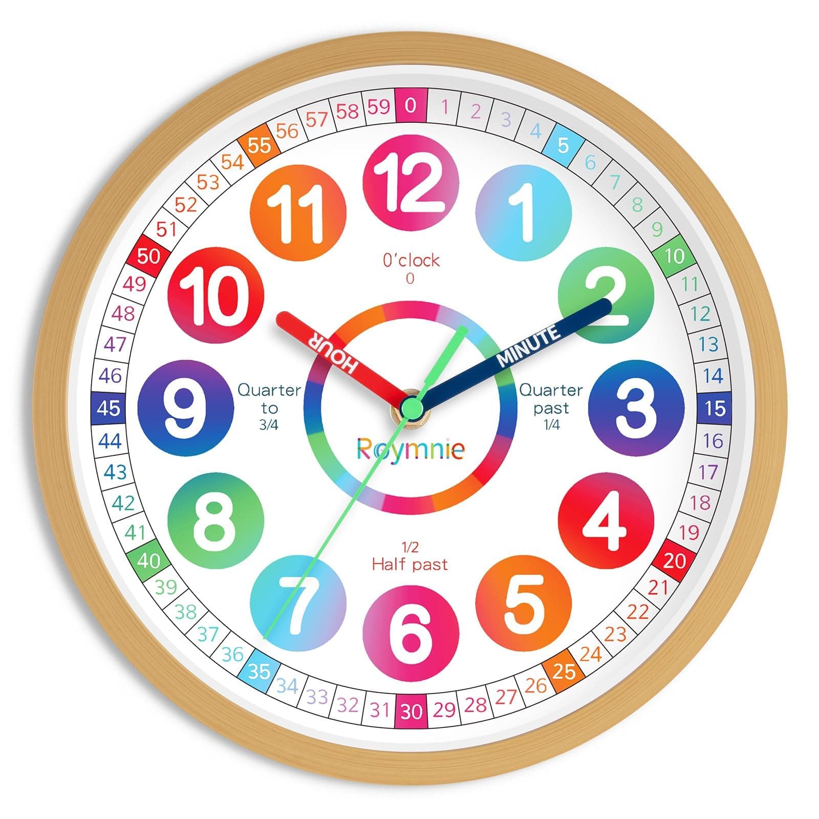 Roymnie Wall Clock for Kids Learning - Teaching Time Wall Clocks Battery Operated Silent Non Ticking - Analog Colorful Clock Decorative for Kids Room Classroom School(8 Inch)