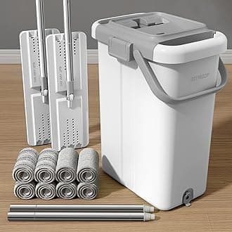 JOYMOOPMop and Bucket with Wringer Set, Flat Squeeze Mop Flat Head, Dust Mops for Wall Cleaner with Long Handle, Hardwood Floor Large Mops for Floor Cleaning, Microfiber mops 2-Bucket System White