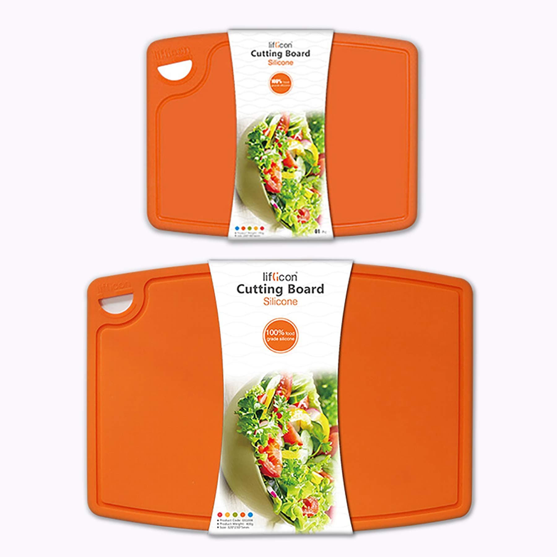 Thick Cutting Boards for Kitchen Silicone Chopping Board Set of 2 Mid 12.6'' x 9.1”,Mini 9.1”x7.1” Non-slip Deep Drip Juice Groove Easy Grip Handle,Dishwasher Safe-Orange
