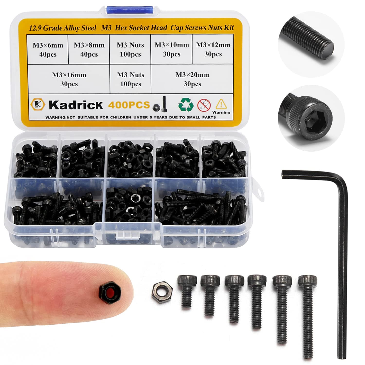 Kadrick Small Metric Screws Suitable for 3D Printer DIY, 400 Pcs M3 Screw and Nut Assortment Hex Socket Head Cap, 12.9 Grade Alloy Steel,Black Zinc Plated