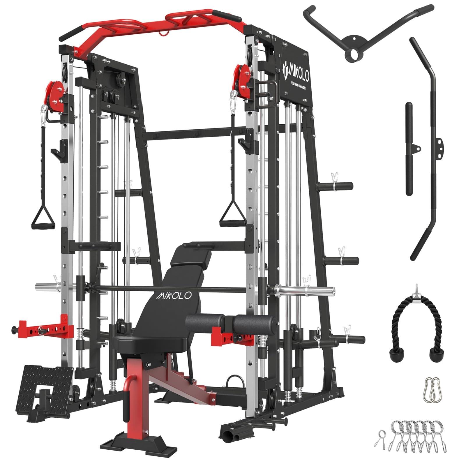 Mikolo Smith Machine, 2200lbs Power Rack with LAT-Pull Down System & Cable Crossover Machine & Leg Hold-Down System for Multi-Function Power Cage Home Gym