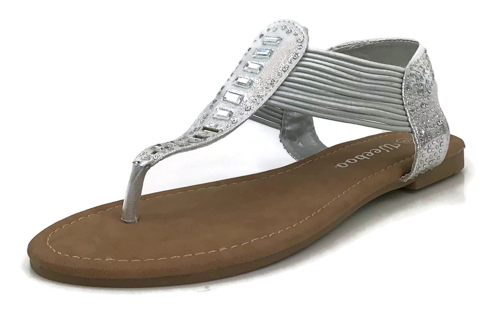 Womens Elastic Strappy T-Strap Thong Ankle Strap Summer Gladiator Rhinestone Sandals, Silver, 7.5