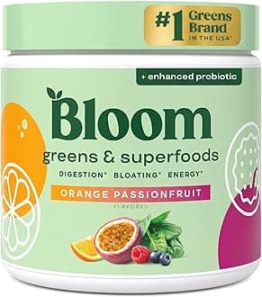 Bloom Nutrition Superfood Greens Powder, Digestive Enzymes with Probiotics and Prebiotics, Gut Health, Bloating Relief for Women, Chlorella, Juice Mix w/Beet Root Powder, 30 SVG, Orange Passionfruit