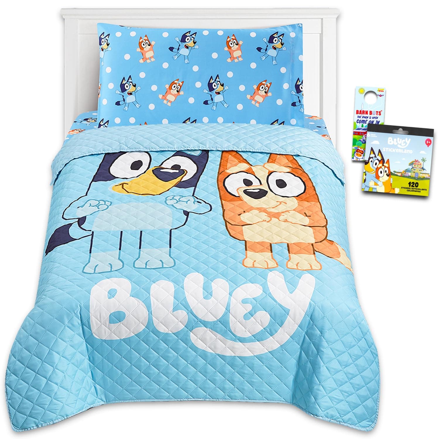 Bedding Set - Bundle with Bedspread, Flat Sheet, Fitted Sheet, Pillowcase for Twin Bed Plus Stickers, More | Bluey Bedroom Decor for Boys, Girls
