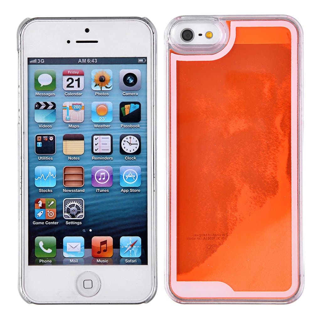 Fluorescent iPhone 5 5S Case-Yerwal Glow in the Dark Fluoresent Quicksand Liquid Hard Case Clear Cover For iPhone 5 5G 5S-Orange
