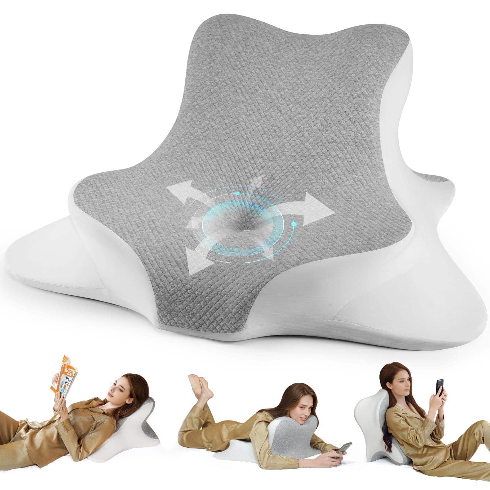 Reading Pillow for Bed, Lying, Leaning and Prone, Ergonomic Memory Foam Bed Wedge Pillow for Headboard, Chin & Back Support Pillows on Bedrest Couch Floor- Grey