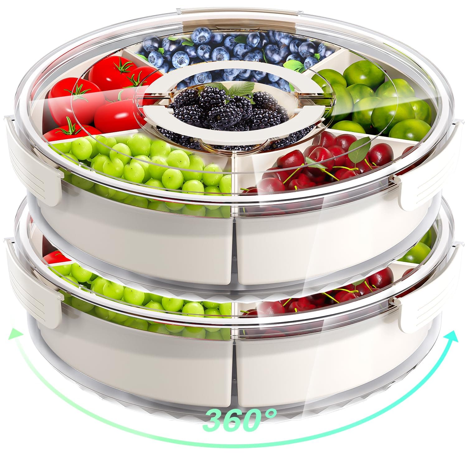 DAOTENGQL Rotating Snackle Box Container, Large Snack Spinner Box, Divided Serving Tray with Lid and Handle, Multi purpose Food Organizer and Storage Platter for Charcuterie Veggie Fruit